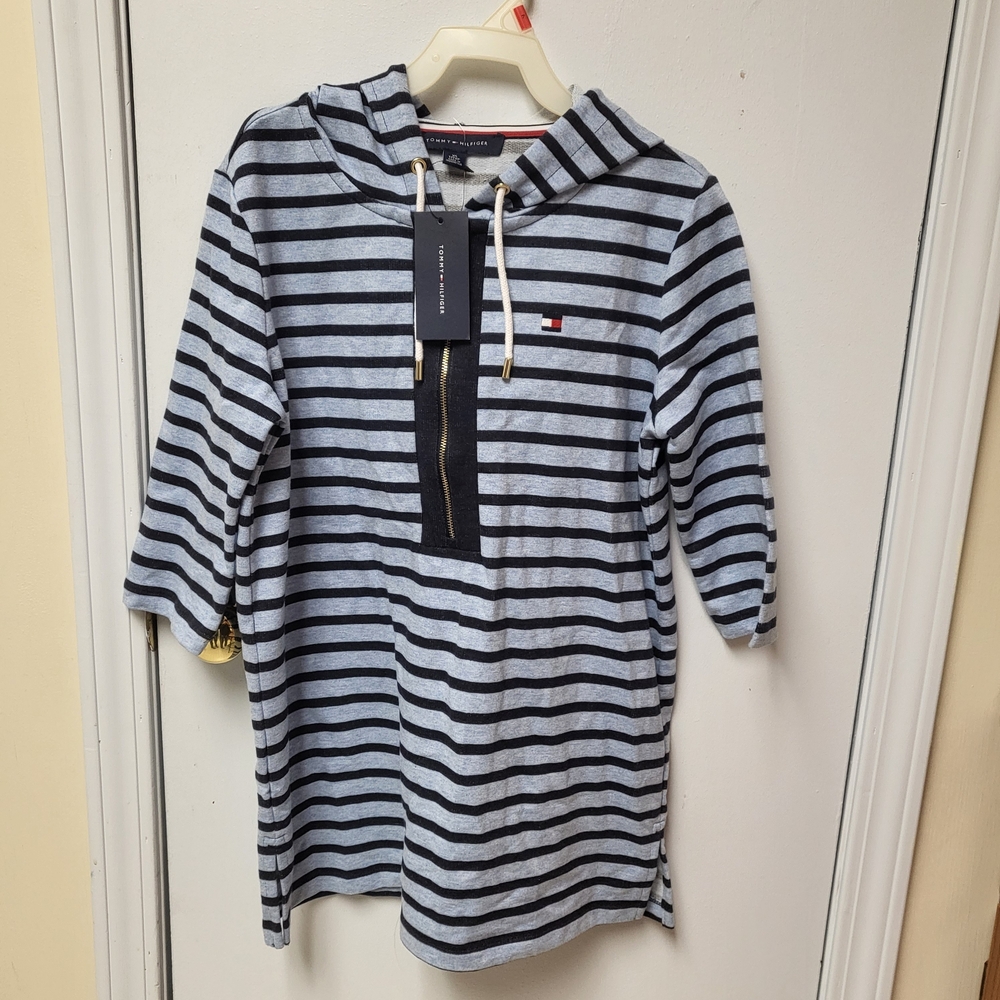 Tommy Hilfiger WOMEN XS Navy & Light Blue Striped Hooded Top New With Tags